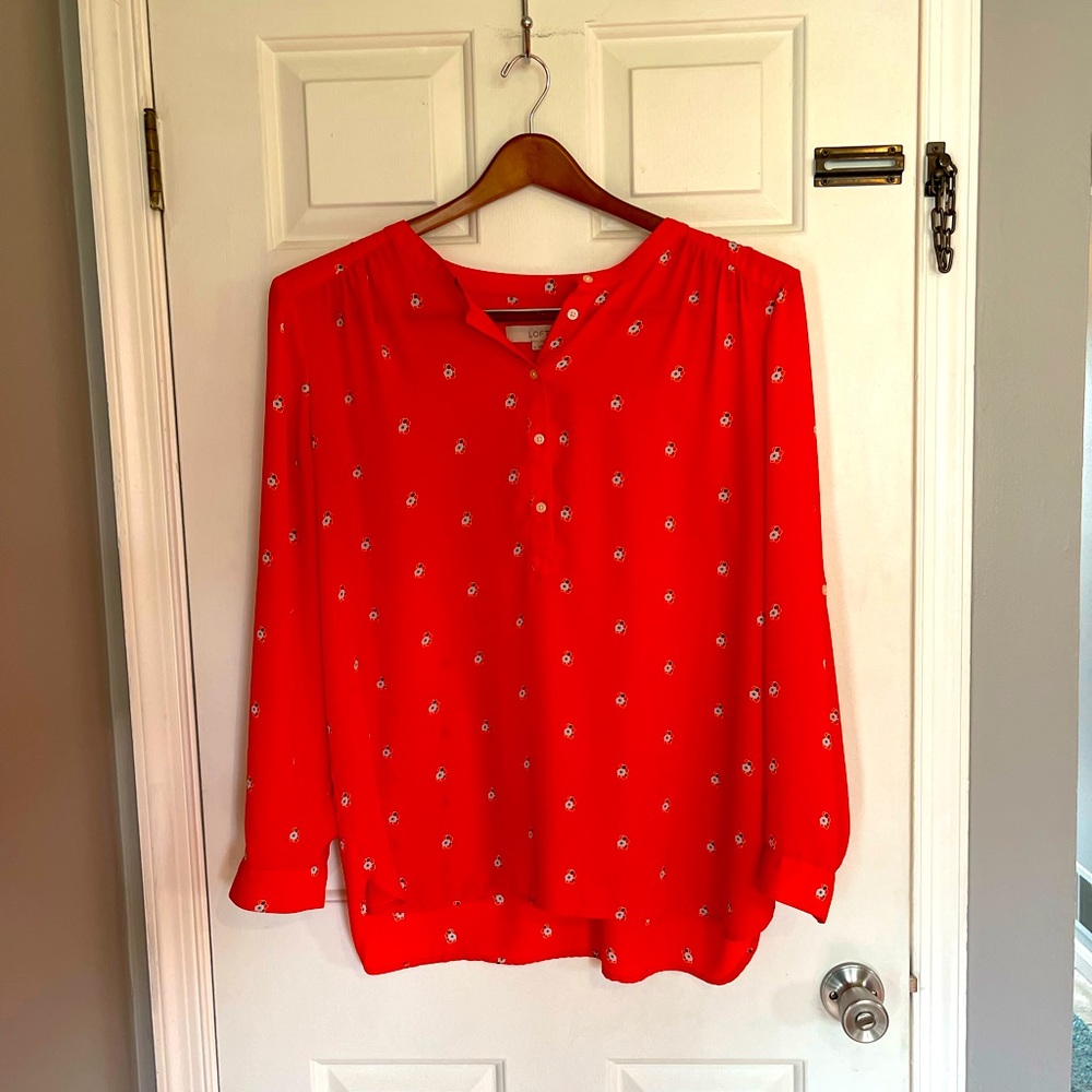 LOFT XL long sleeve red/orange dot blouse